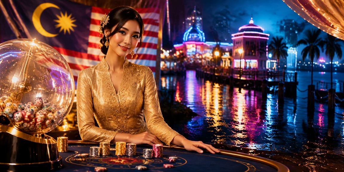Wanita berbaju kebaya menikmati permainan loteri dan jackpot dalam talian di Malaysia
